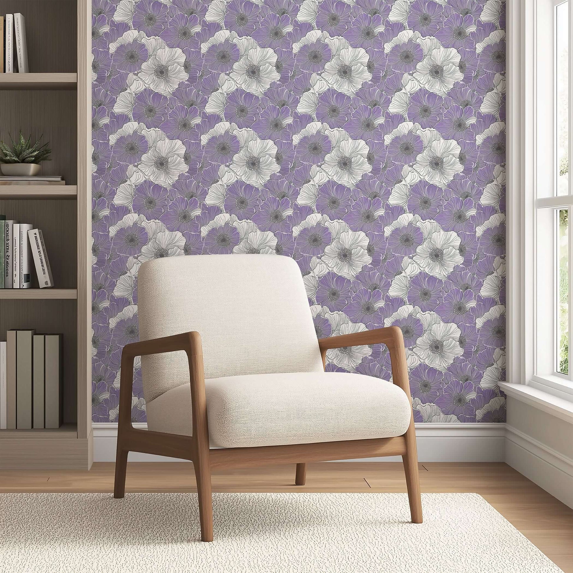 Modern monochrome floral wallpaper in soft lilac tones, ideal for serene living areas, featuring overlapping flowers for organic elegance.