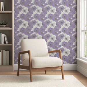 Modern monochrome floral wallpaper in soft lilac tones, ideal for serene living areas, featuring overlapping flowers for organic elegance.
