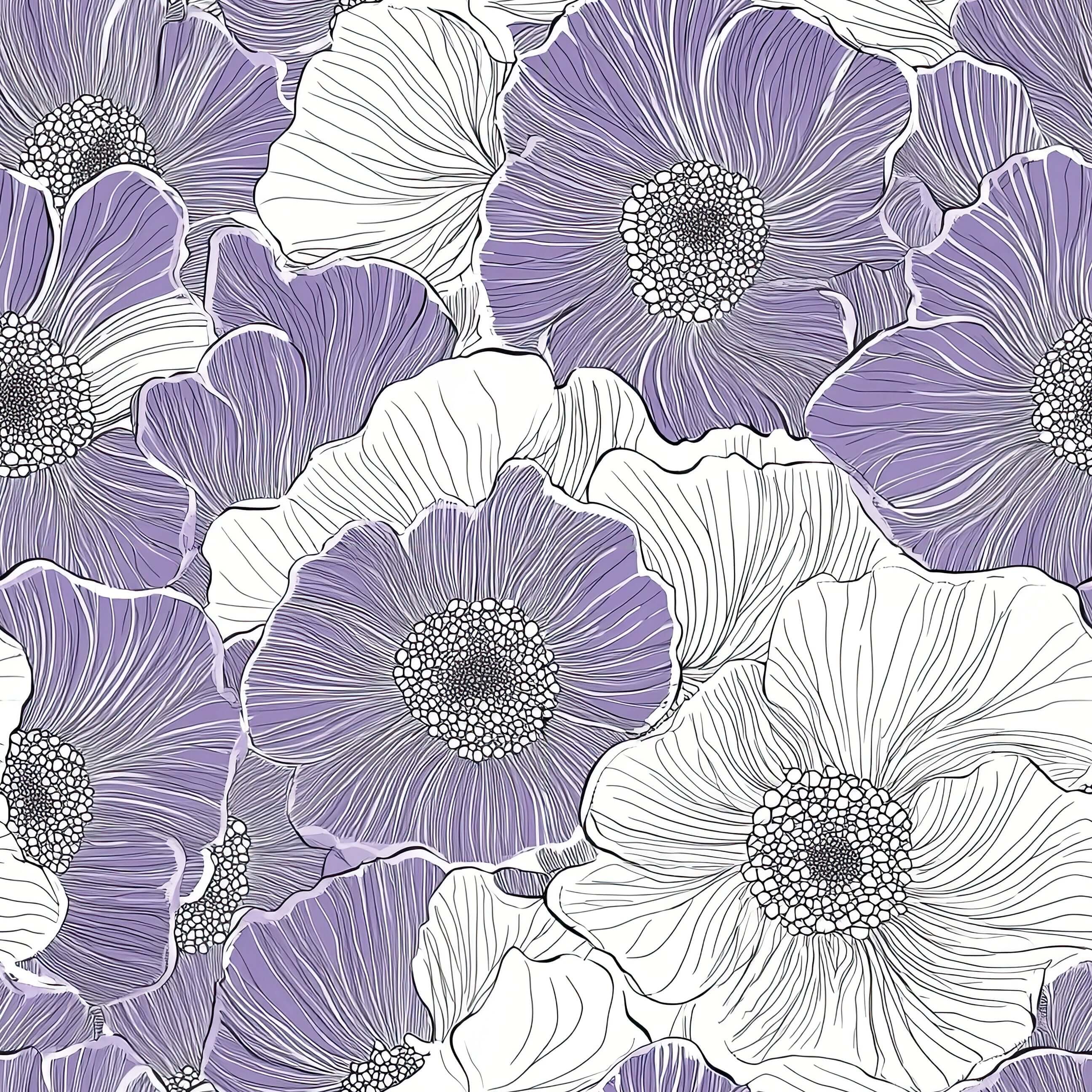 Lavender Fields Forever Wallpaper featuring soft lilac flowers with monochrome linework, ideal for a modern floral design.