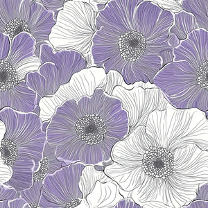 Lavender Fields Forever Wallpaper featuring soft lilac flowers with monochrome linework, ideal for a modern floral design.