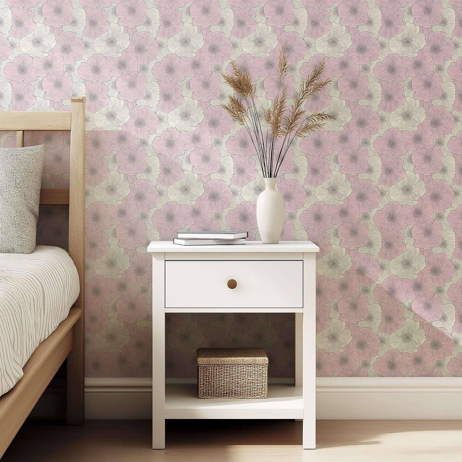 Ethereal pastel romance floral wallpaper in pink and ivory tones, modern and contemporary design, perfect for bedrooms and calm spaces.
