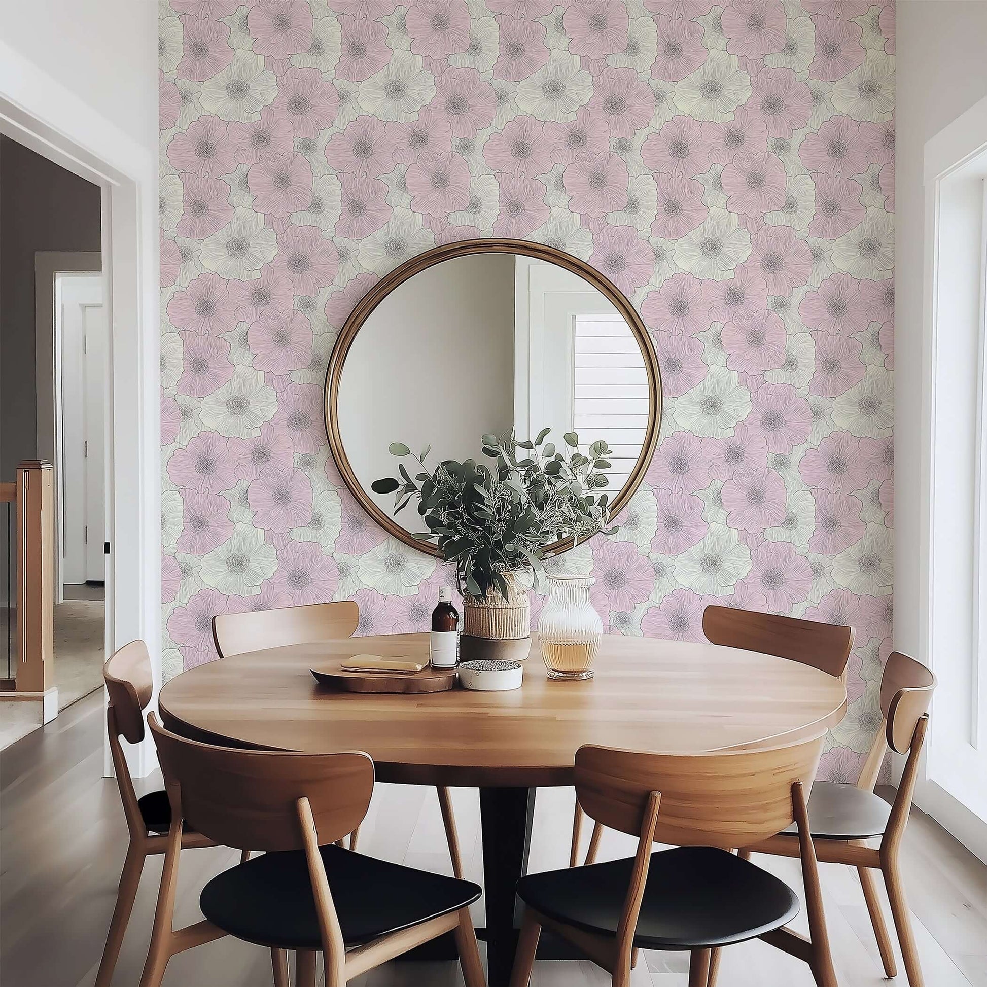 Modern dining room with Ethereal Pastel Romance wallpaper featuring hand-drawn floral patterns in blush and ivory tones for a contemporary look.