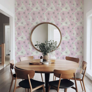 Modern dining room with Ethereal Pastel Romance wallpaper featuring hand-drawn floral patterns in blush and ivory tones for a contemporary look.