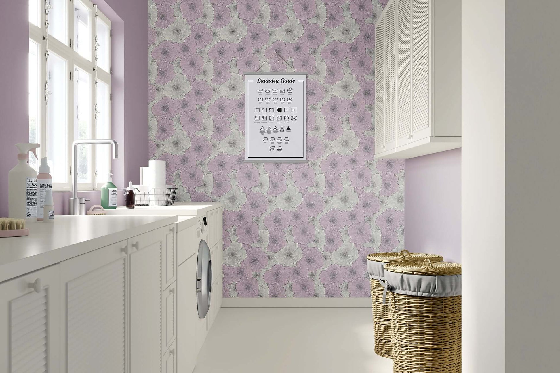 Ethereal Pastel Romance floral wallpaper in pink and ivory tones, enhancing a modern laundry room with soft elegance.