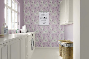 Ethereal Pastel Romance floral wallpaper in pink and ivory tones, enhancing a modern laundry room with soft elegance.