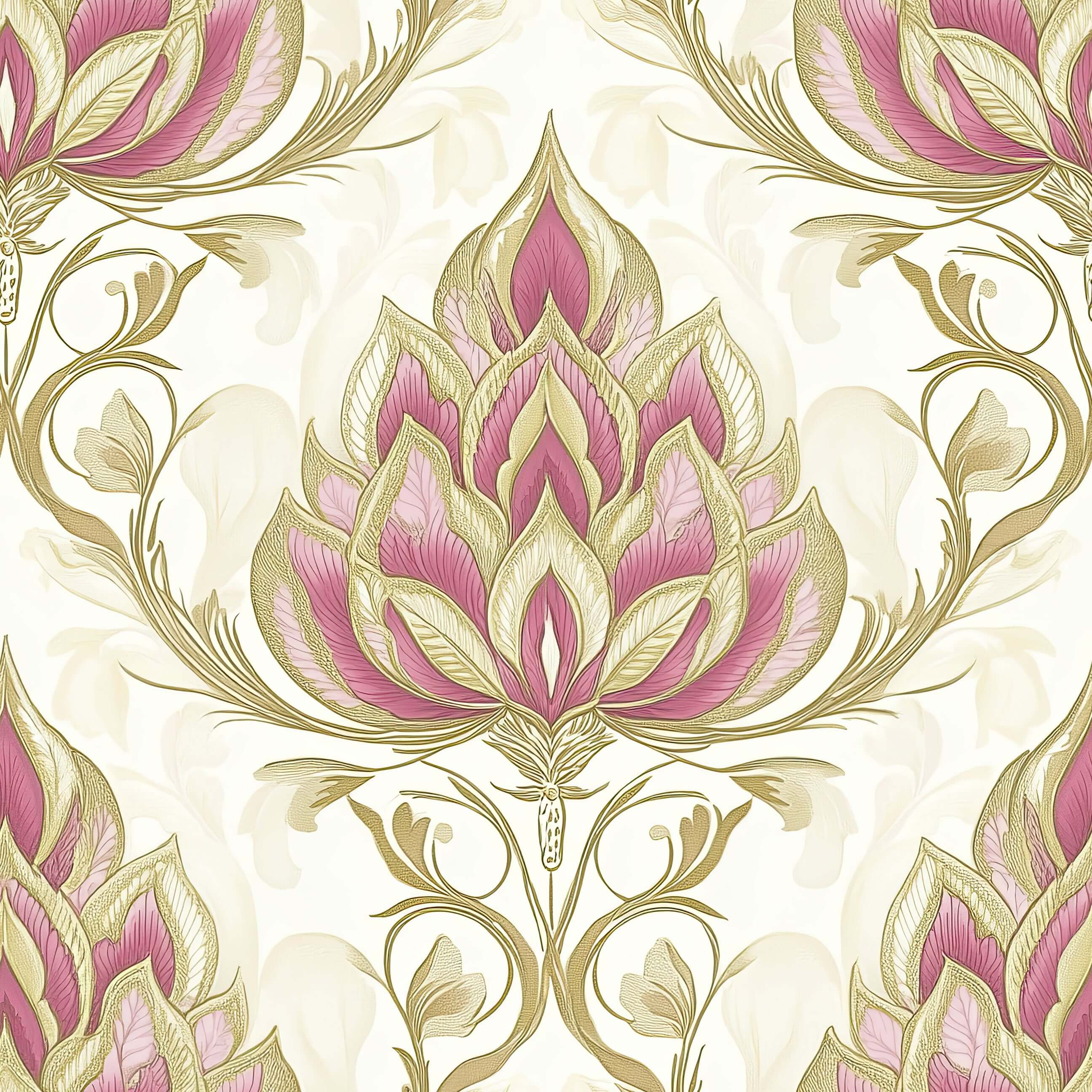 Regal floral wallpaper with pink, gold, and tan damask pattern, showcasing vintage elegance with large flowers for sophisticated spaces.