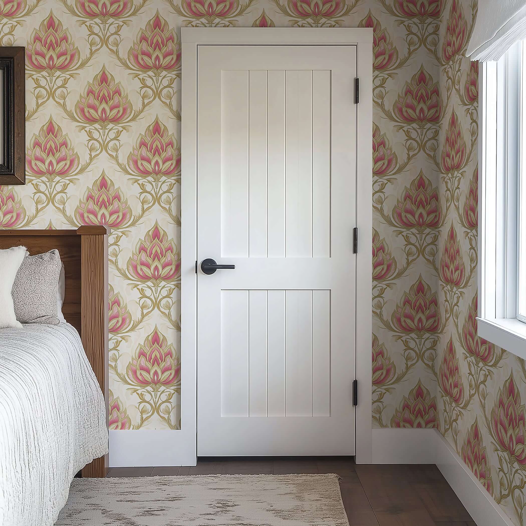 Elegant Imperial Bloom wallpaper with floral damask pattern in pink and gold on bedroom walls, adding vintage luxury.