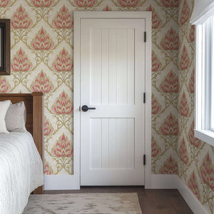 Elegant Imperial Bloom wallpaper with floral damask pattern in pink and gold on bedroom walls, adding vintage luxury.
