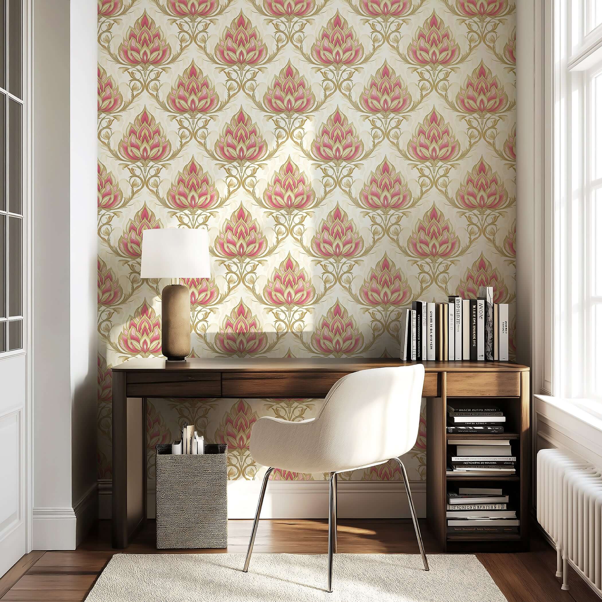 Luxurious pink and gold floral damask wallpaper in a vintage style, perfect for elegant dining or living room walls.