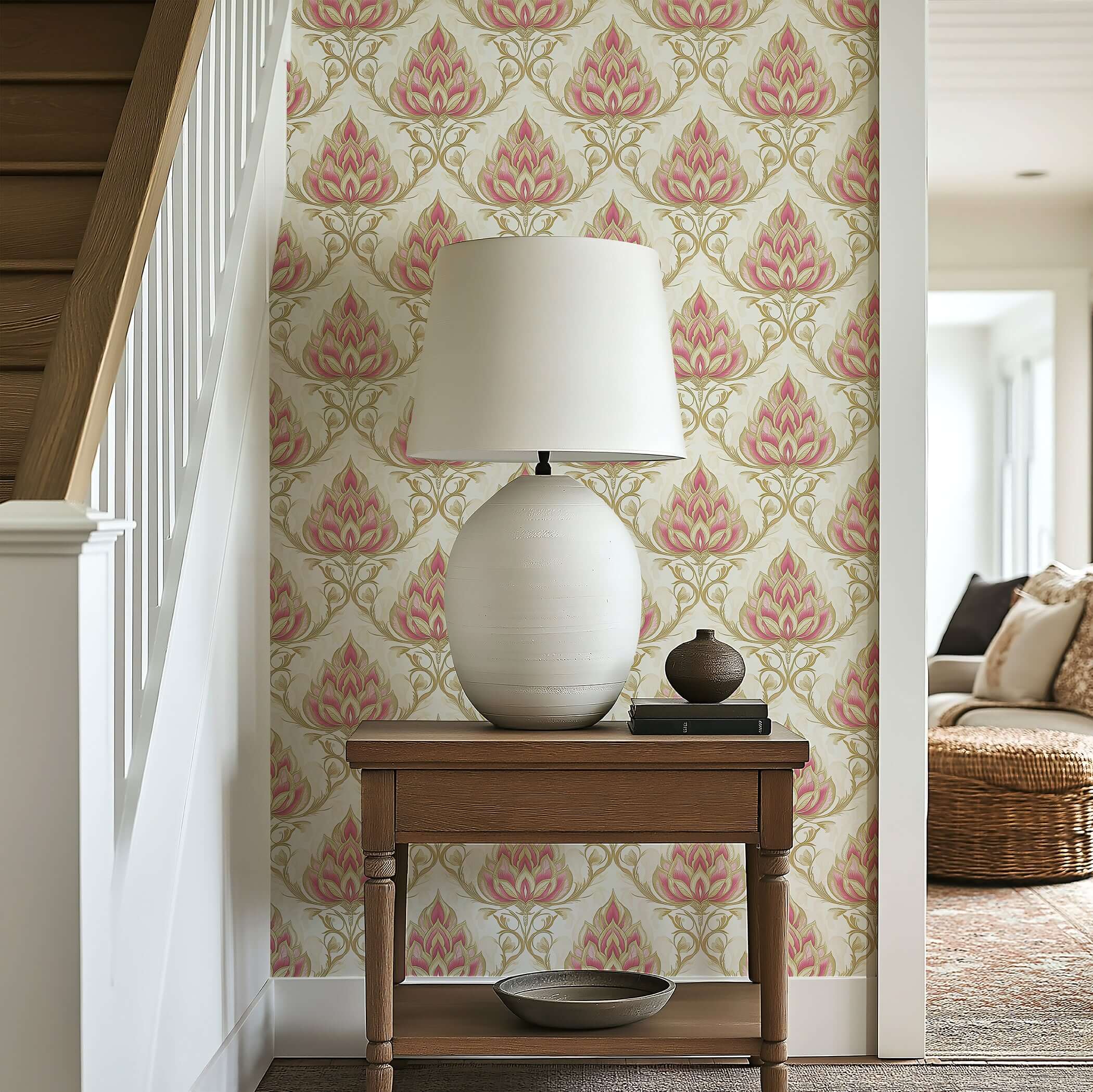 Floral vintage damask wallpaper in pink, gold, and tan; elegant "Imperial Bloom" design for sophisticated interior decor.