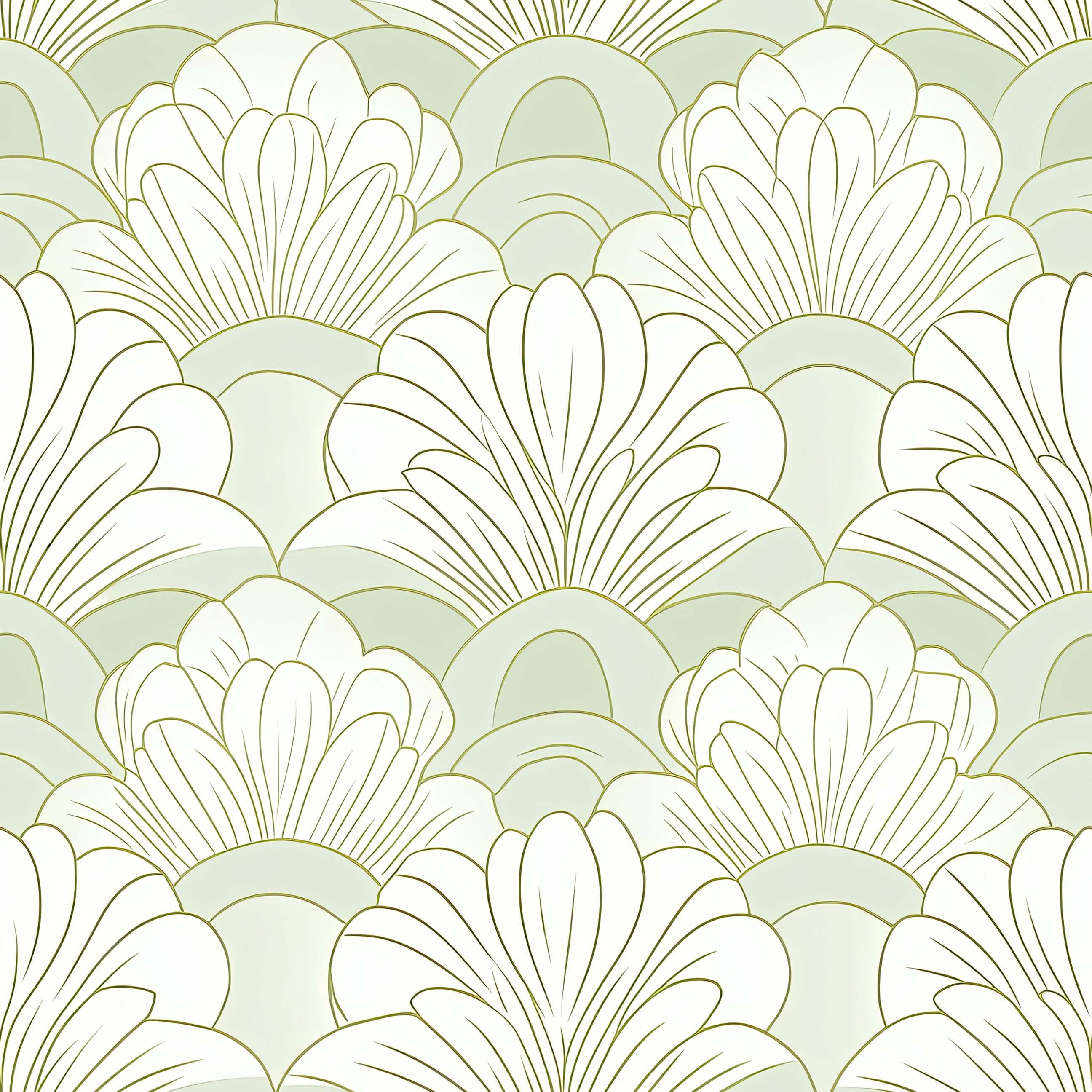 Art Deco wallpaper with mint green and white floral fan patterns for elegant and serene interior design.