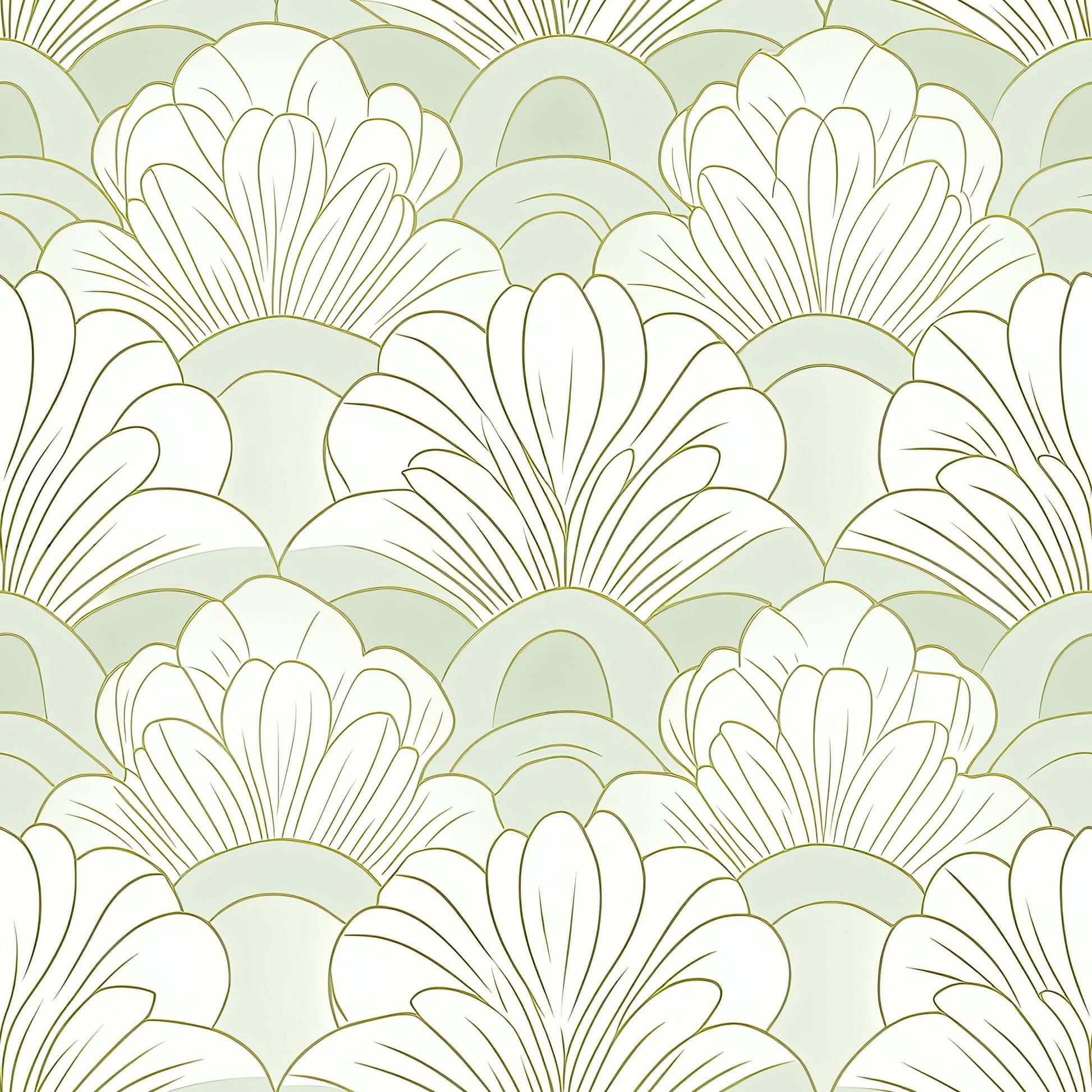 Art Deco wallpaper with mint green and white floral fan patterns for elegant and serene interior design.