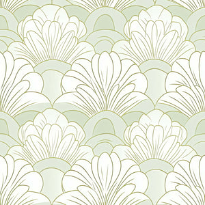 Art Deco wallpaper with mint green and white floral fan patterns for elegant and serene interior design.