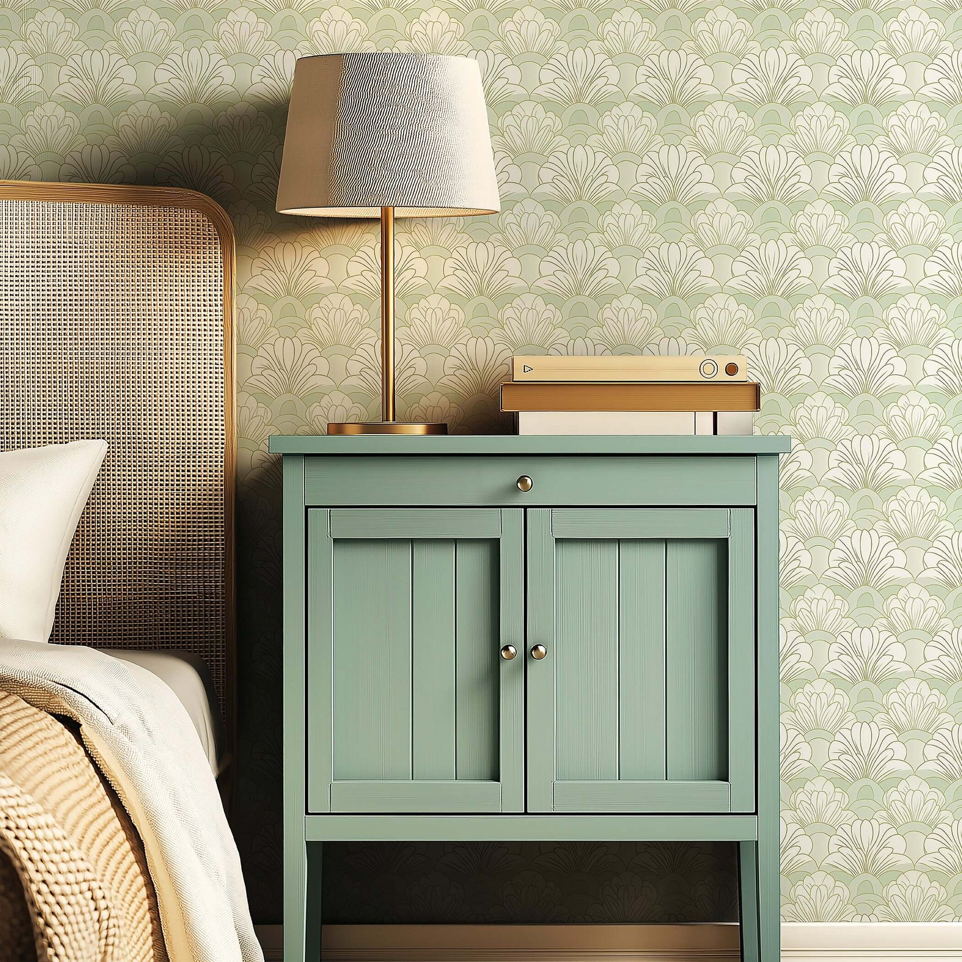 Mint green Art Deco floral wallpaper with fan-shaped patterns in a bedroom setting, featuring a bedside table and lamp.
