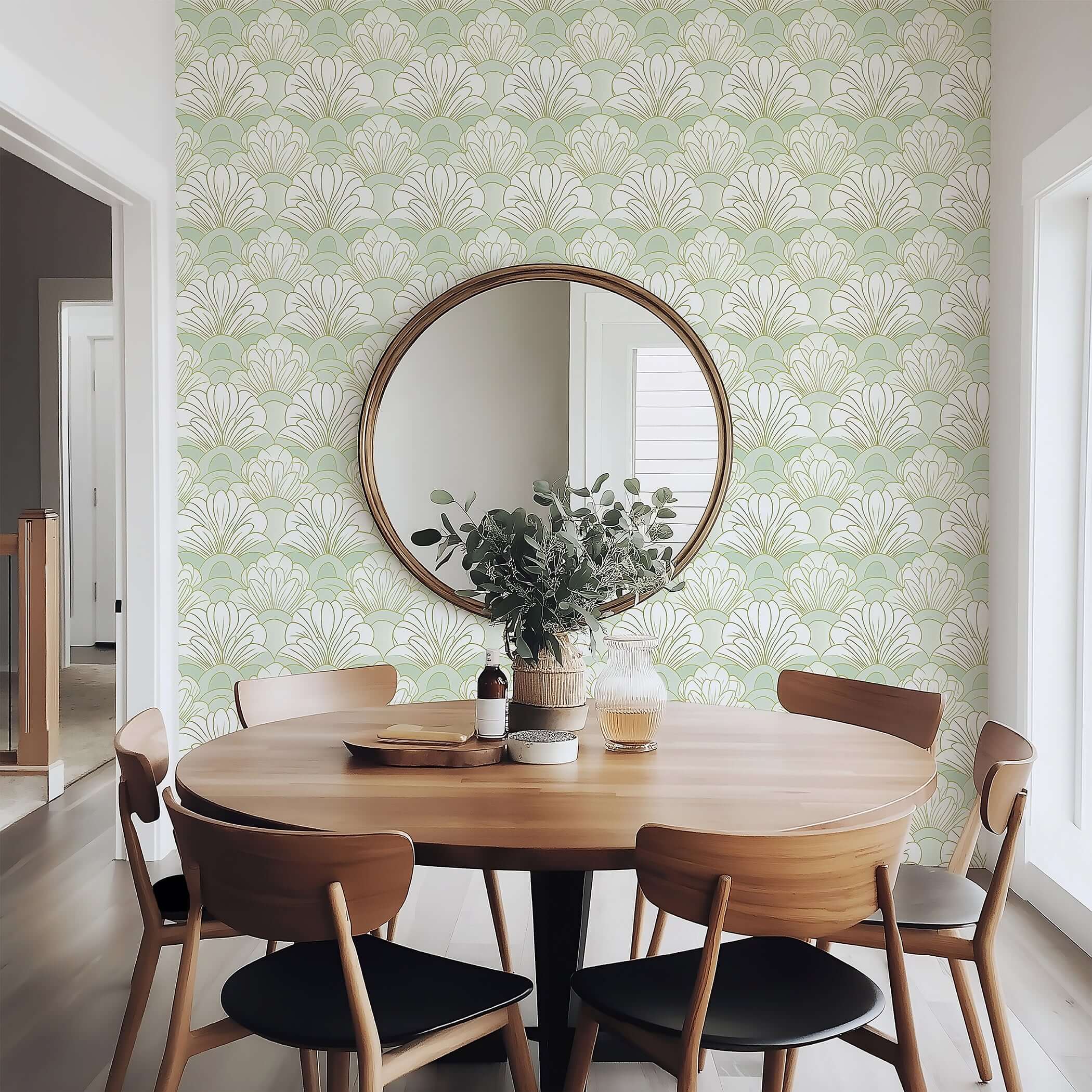 Art Deco-style floral wallpaper in mint green and white, featuring fan shapes, enhancing a dining space with modern elegance.