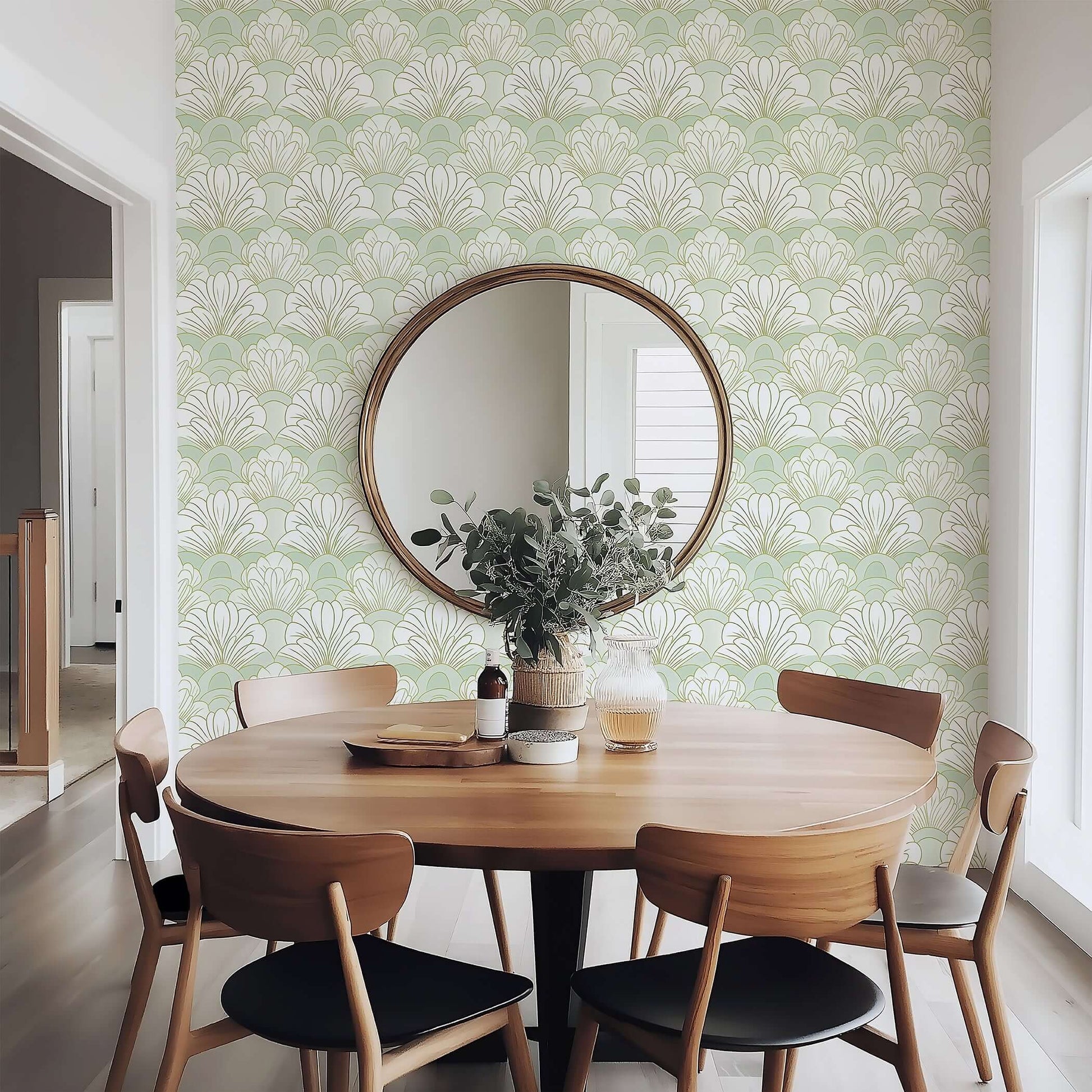 Art Deco-style floral wallpaper in mint green and white, featuring fan shapes, enhancing a dining space with modern elegance.