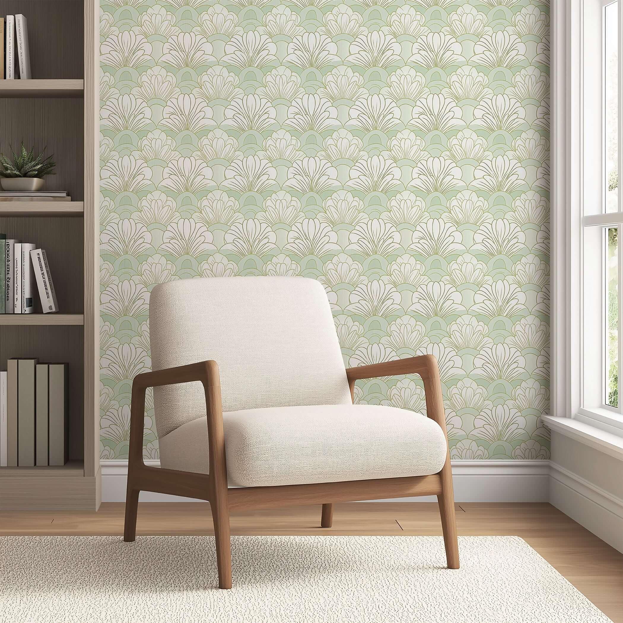 Mint green Art Deco fan floral wallpaper in a modern room with white chair and natural light. Ideal for serene, elegant spaces.