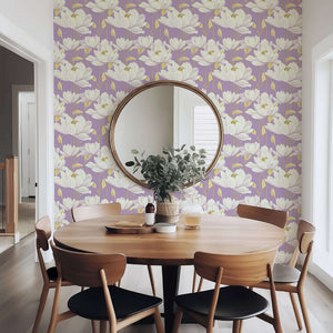Lavender Luxe Bloom wallpaper with white florals and gold accents in a contemporary dining room setting.