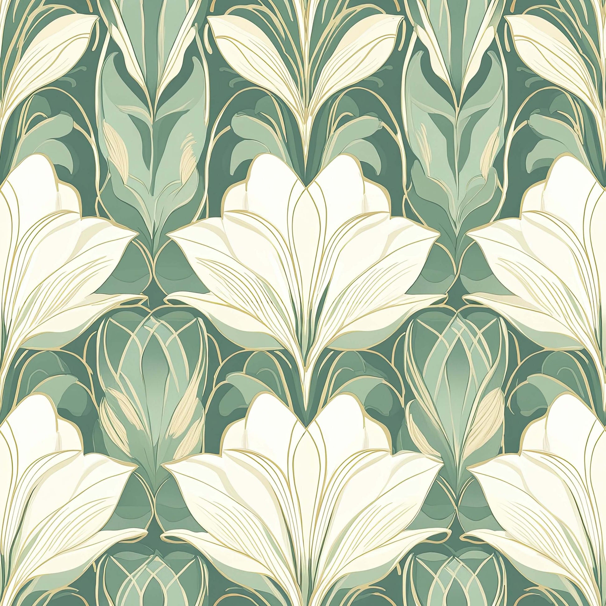Art deco wallpaper with ivory and jade green floral patterns, combining art nouveau style for elegant décor. Floral design in jade green white.