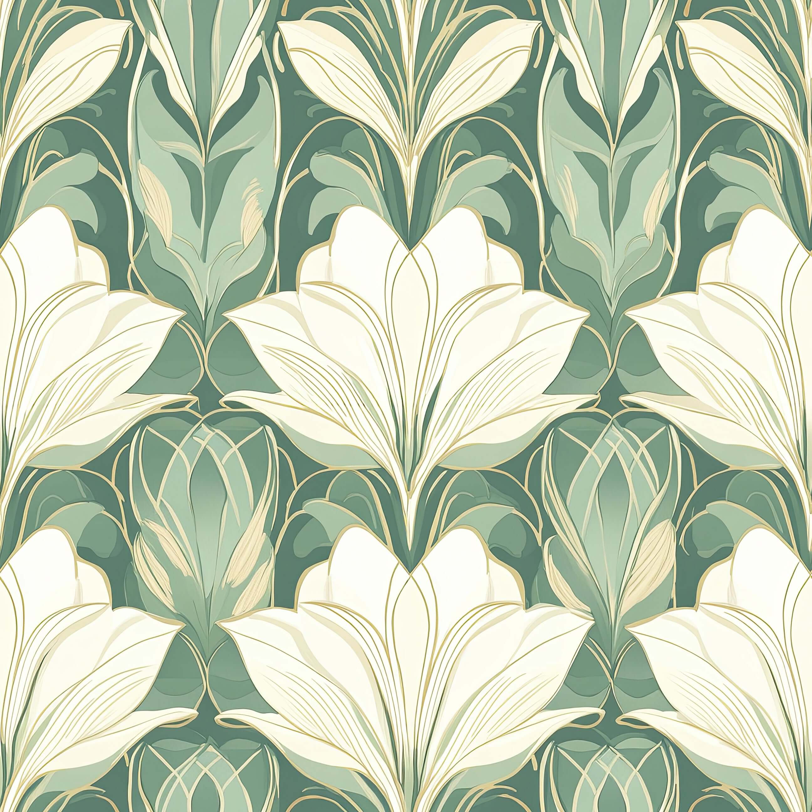 Art deco wallpaper with ivory and jade green floral patterns, combining art nouveau style for elegant décor. Floral design in jade green white.