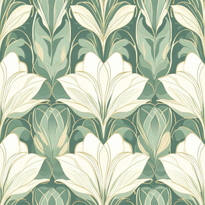 Art deco wallpaper with ivory and jade green floral patterns, combining art nouveau style for elegant décor. Floral design in jade green white.