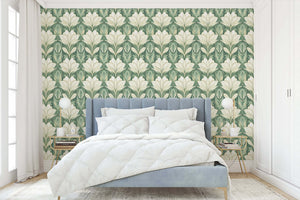 Jade Garden Grandeur wallpaper with art deco floral design in jade green and white, enhancing bedroom elegance.