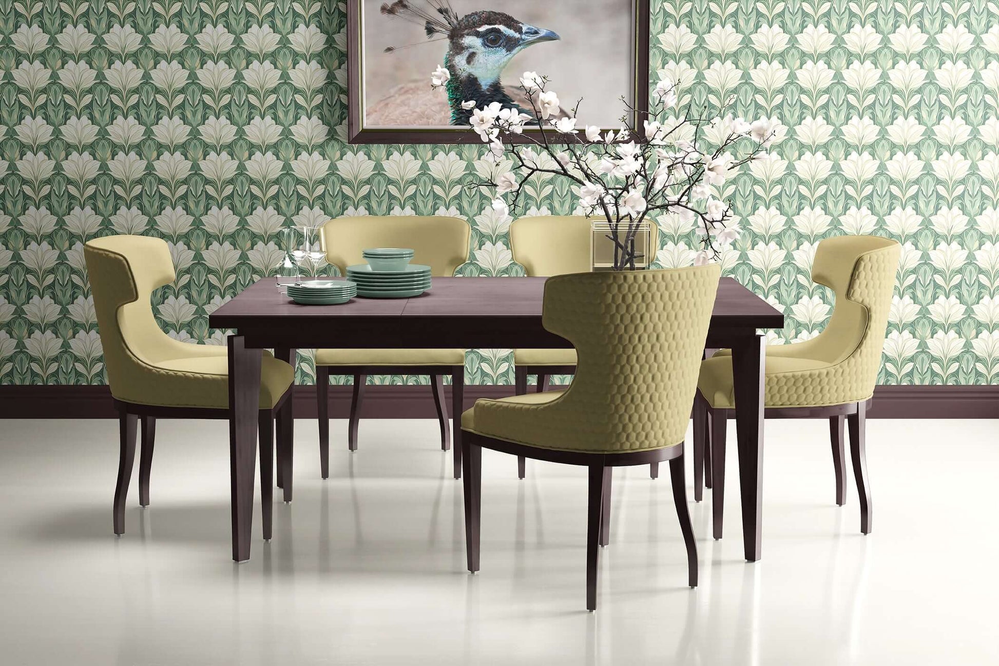 Art nouveau dining room with Jade Garden Grandeur wallpaper featuring jade green and ivory floral patterns.