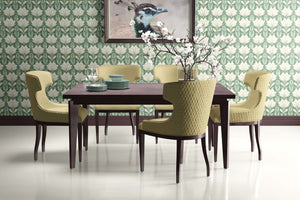 Art nouveau dining room with Jade Garden Grandeur wallpaper featuring jade green and ivory floral patterns.