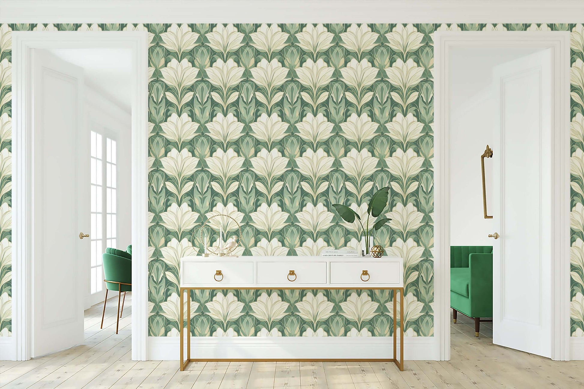 Jade Garden Grandeur Wallpaper with art deco floral pattern in jade green and white, enhancing a sophisticated living space with elegance.