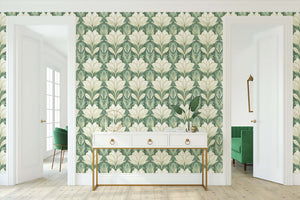 Jade Garden Grandeur Wallpaper with art deco floral pattern in jade green and white, enhancing a sophisticated living space with elegance.
