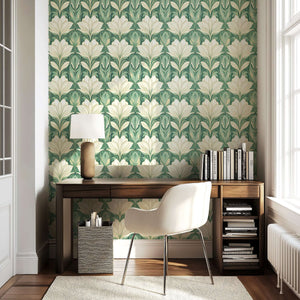 Jade Garden Grandeur wallpaper in art deco style with ivory and jade green floral patterns, enhancing a study space with elegance.