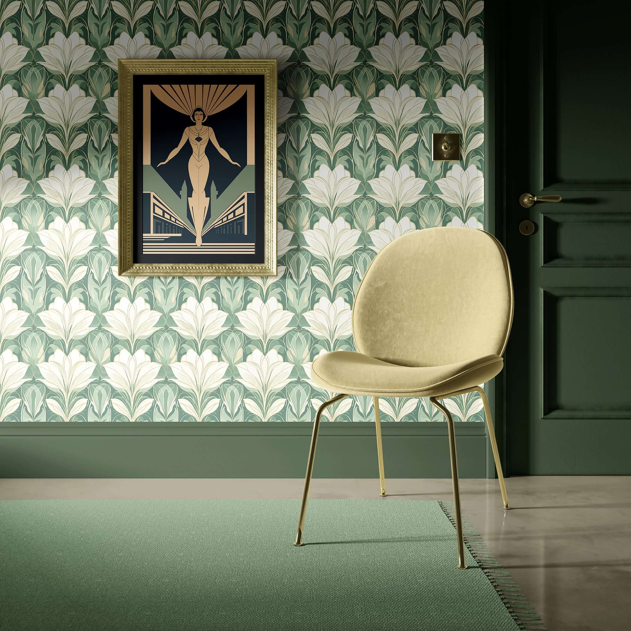 Art deco floral wallpaper featuring jade green and white flowers with a yellow chair, showcasing contemporary garden elegance.