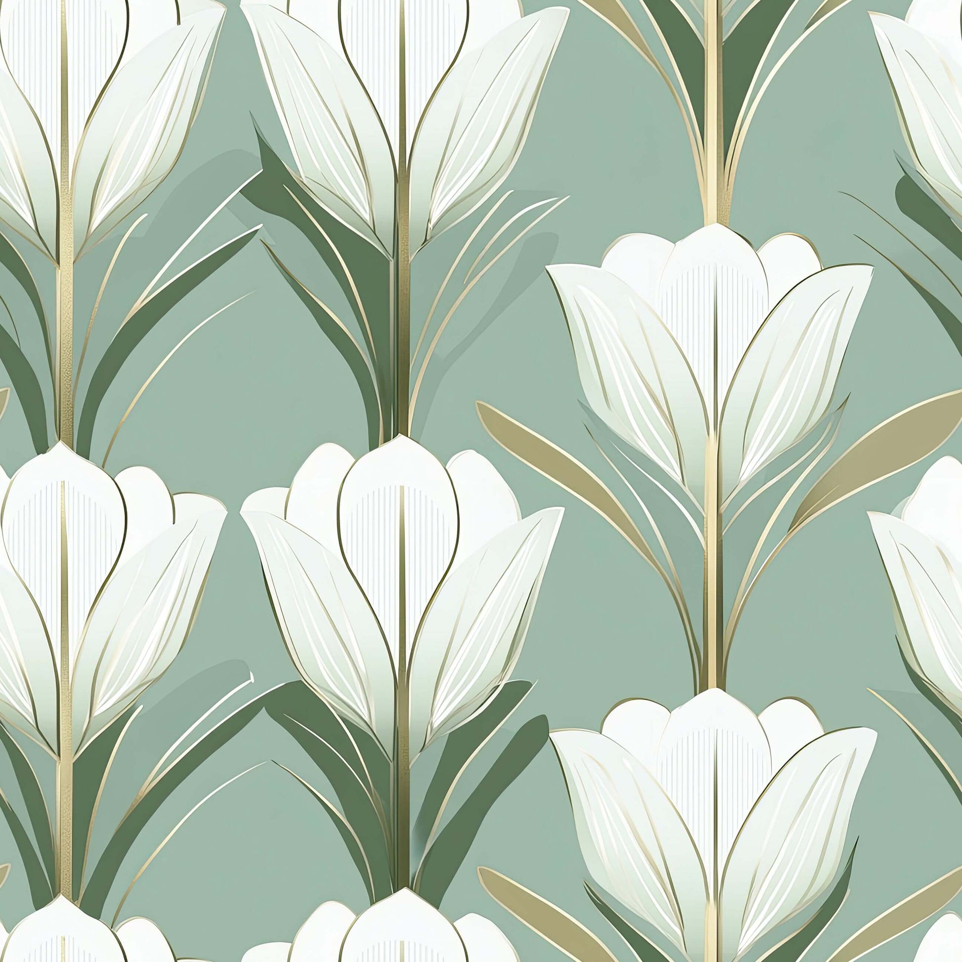Deco Tulip Harmony wallpaper featuring art deco tulip design in green, gold, and white tones for elegant interiors.
