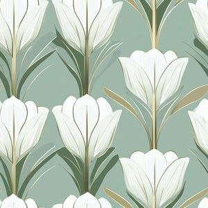 Deco Tulip Harmony wallpaper featuring art deco tulip design in green, gold, and white tones for elegant interiors.