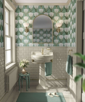 Art Deco bathroom with Deco Tulip Harmony wallpaper in green and white featuring stylized tulips, gold fixtures, and vintage charm.