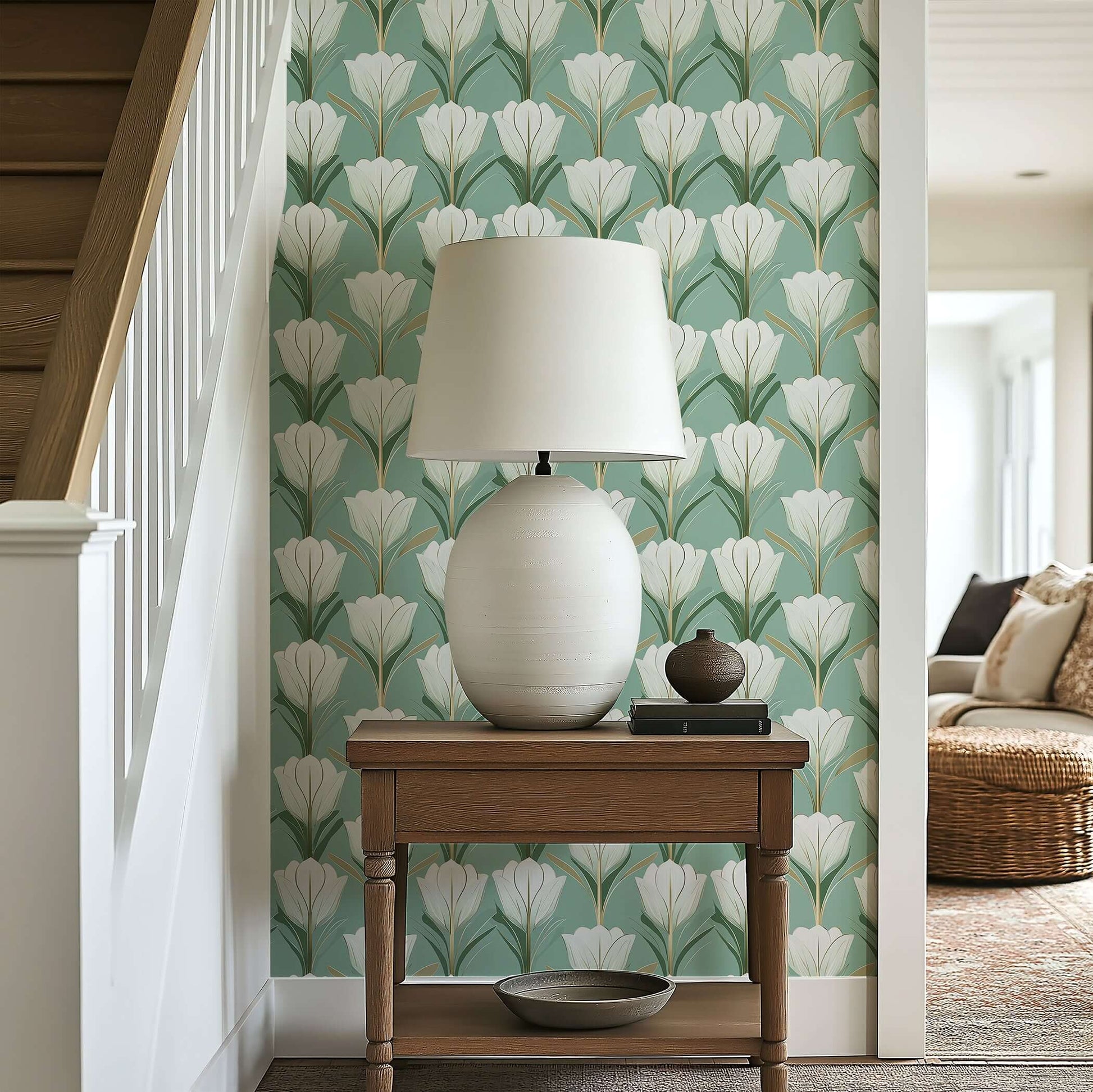 Art Deco Tulip Harmony wallpaper in green and white with vintage design, perfect for accent walls and elegant entryways.