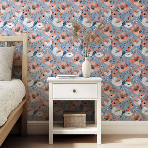 Floral blue wallpaper with coral and white flowers, ideal for modern bedrooms and creative spaces. "Blue Breeze Blossom" design.