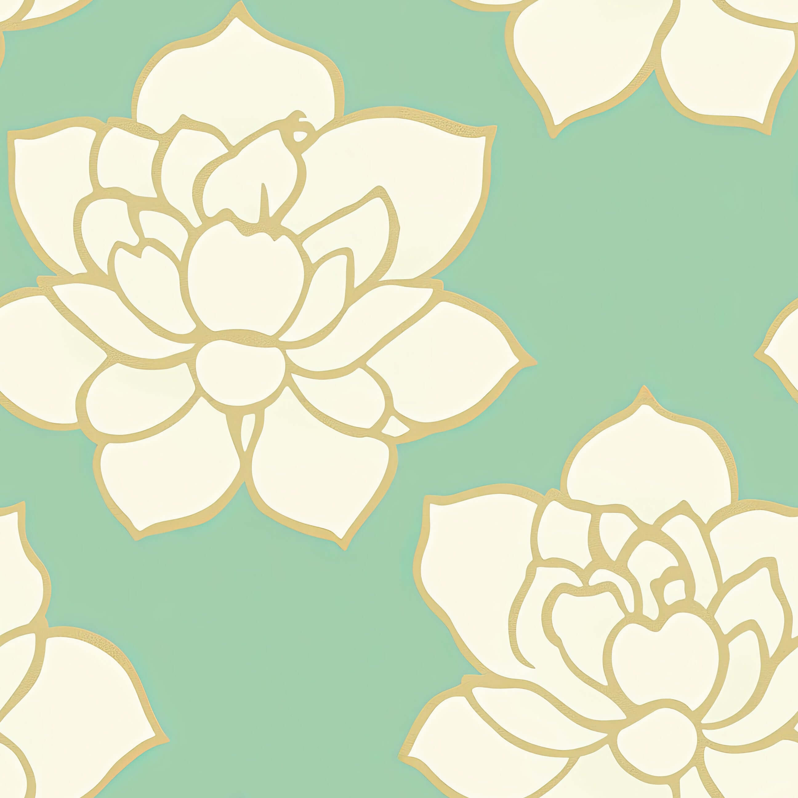 Golden Lotus Bloom Wallpaper with white lotus flowers on a teal background, featuring modern and contemporary design elements.