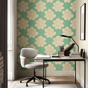 Golden Lotus Bloom wallpaper with white lotus flowers on a mint green background, ideal for a contemporary and tranquil space.