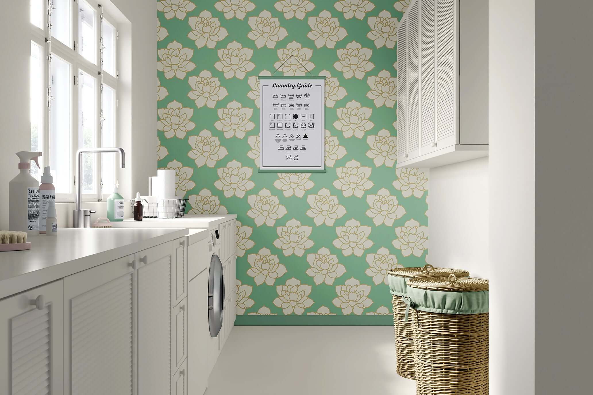 Golden Lotus Bloom wallpaper with white flowers on a teal background, enhancing a modern contemporary space with elegance and tranquility.
