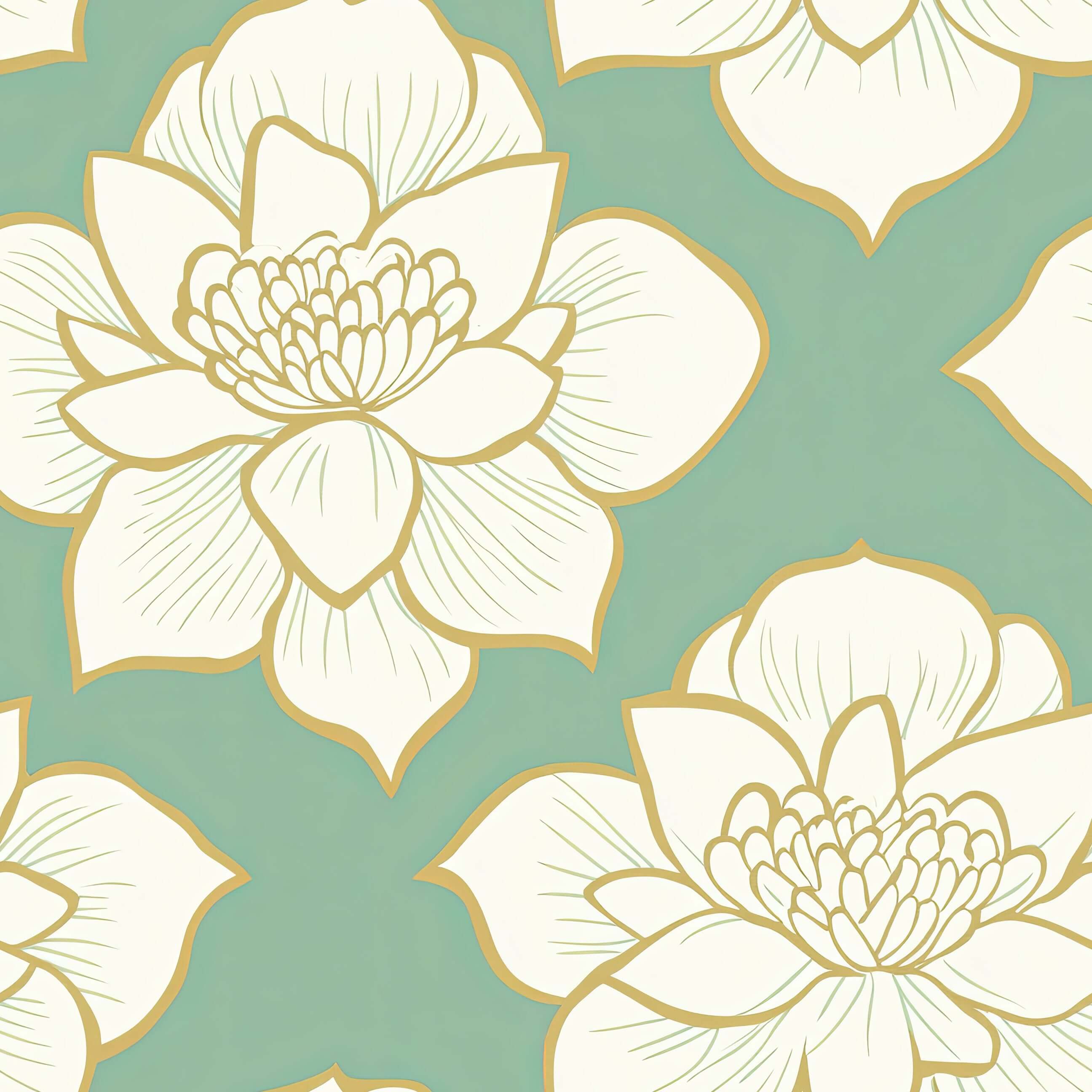 Golden Lotus Bloom II wallpaper with ivory lotus flowers outlined in gold on a teal background, offering a modern and elegant look.