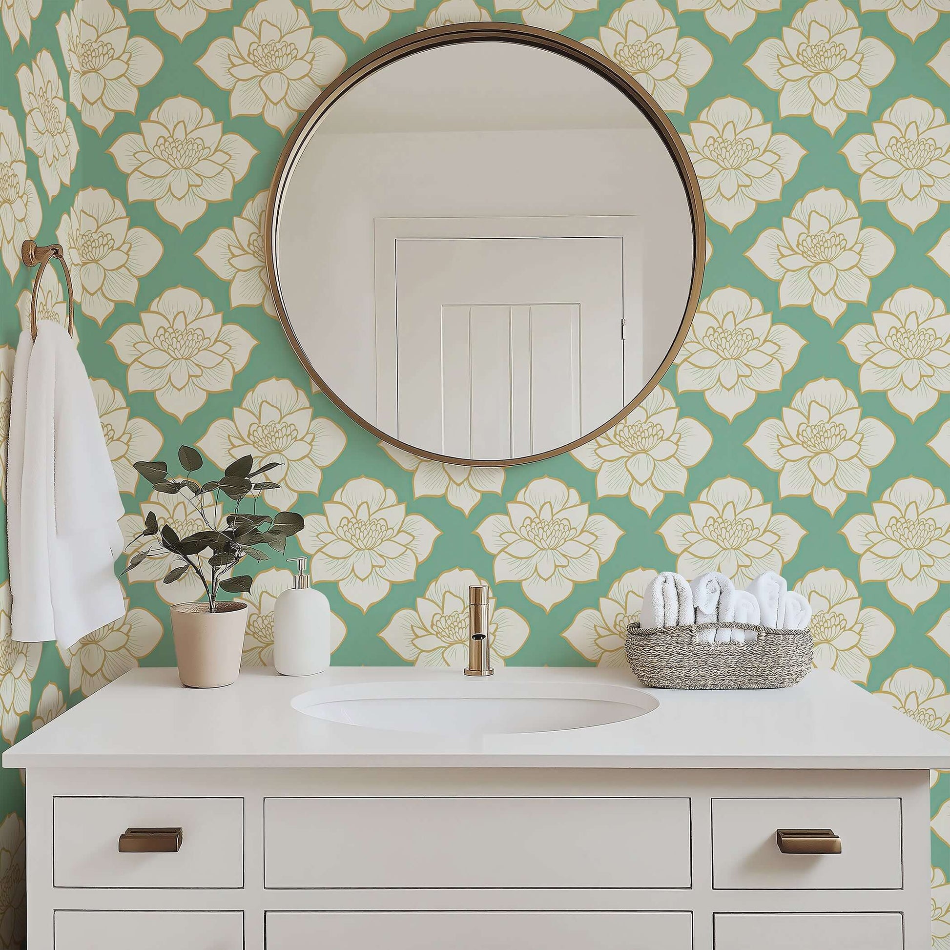 Golden Lotus Bloom II Wallpaper featuring ivory lotus flowers with golden outlines on a teal background in a modern bathroom setting.
