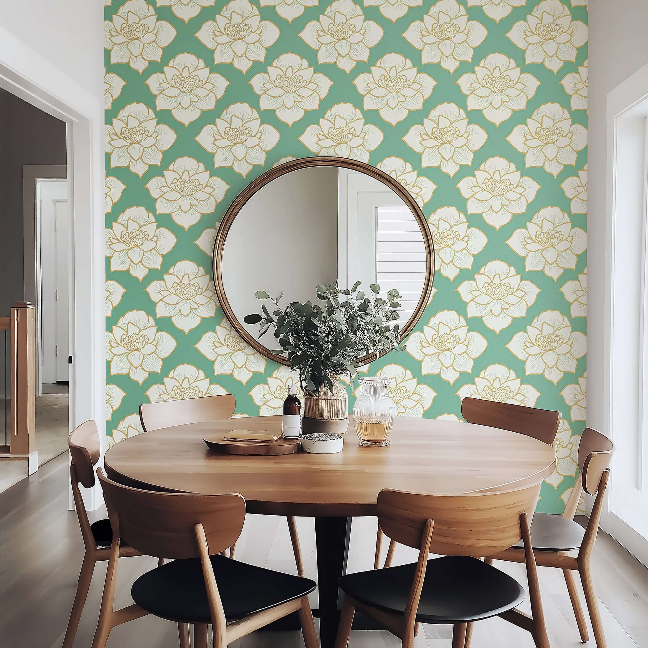 Dining room with Golden Lotus Bloom II wallpaper, featuring white lotus flowers with gold accents on a teal background, modern elegance.