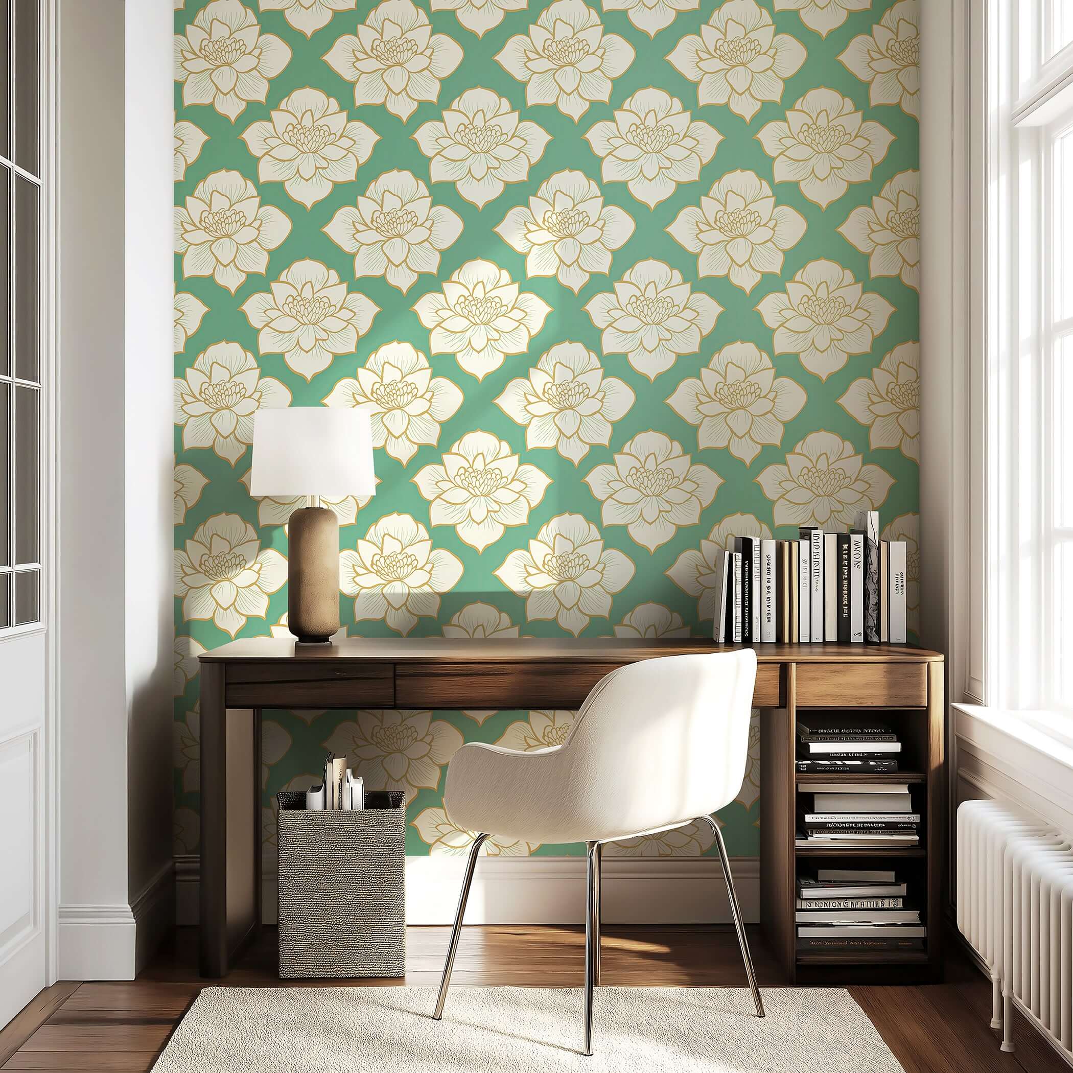Golden Lotus Bloom II wallpaper featuring white lotus flowers with gold outlines on a teal background, creating a modern, elegant look.