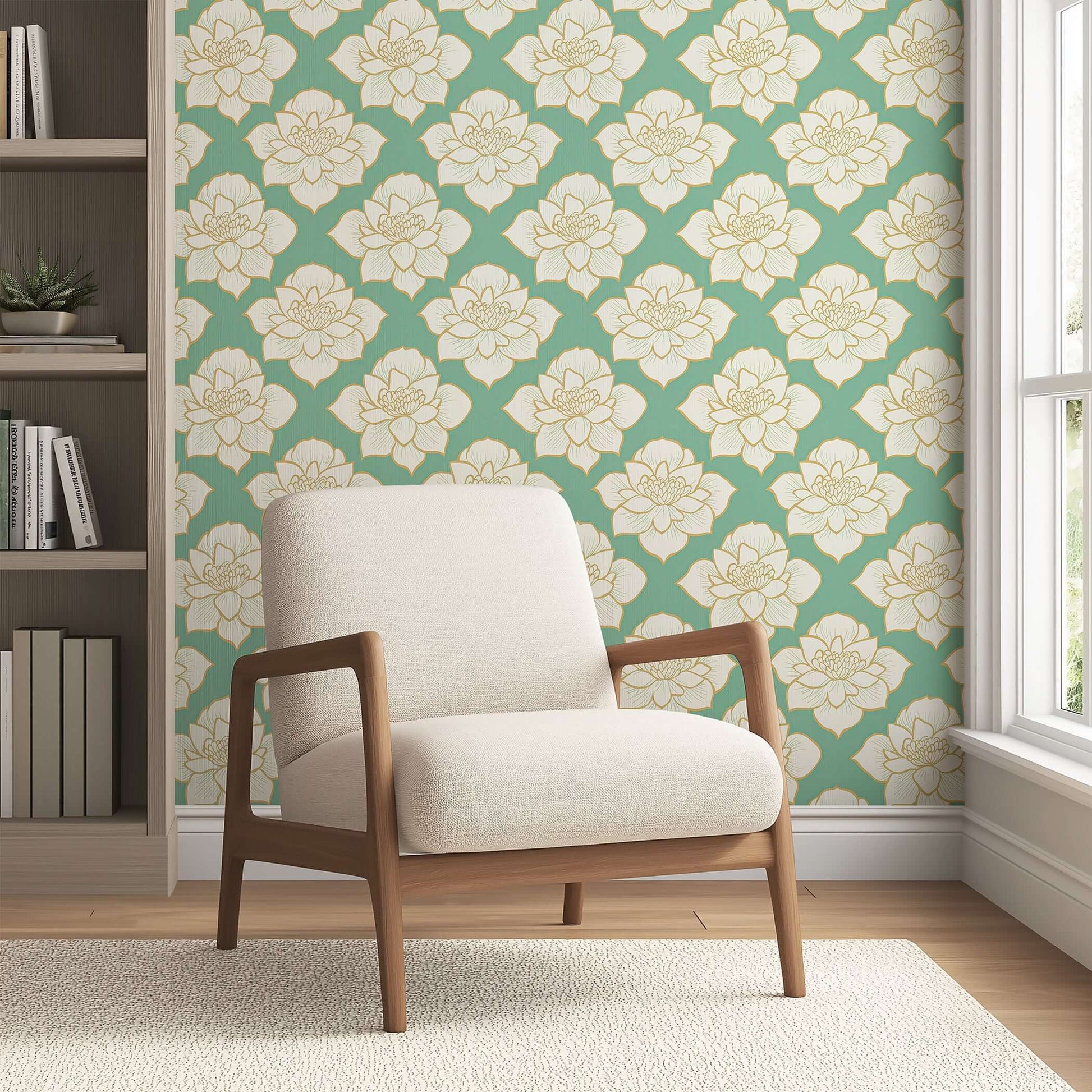 Elegant Golden Lotus Bloom II wallpaper with white lotus flowers on a teal background, featuring modern and contemporary design elements.