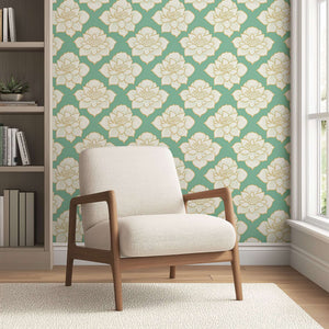 Elegant Golden Lotus Bloom II wallpaper with white lotus flowers on a teal background, featuring modern and contemporary design elements.