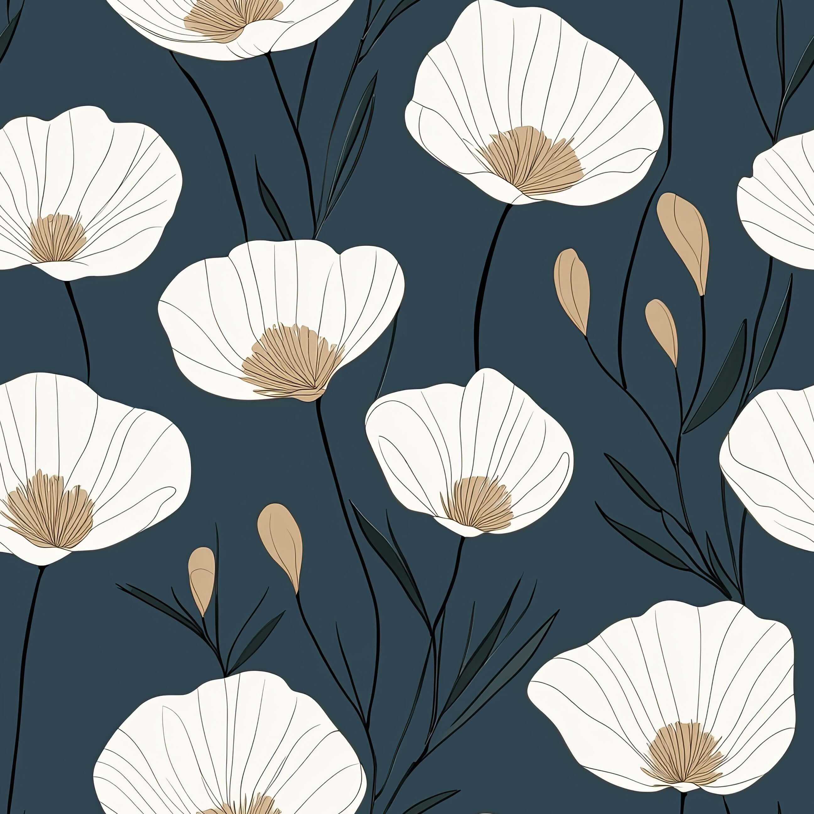 Modern navy wallpaper with white poppies, golden centers, and inky stems for a sophisticated floral design.