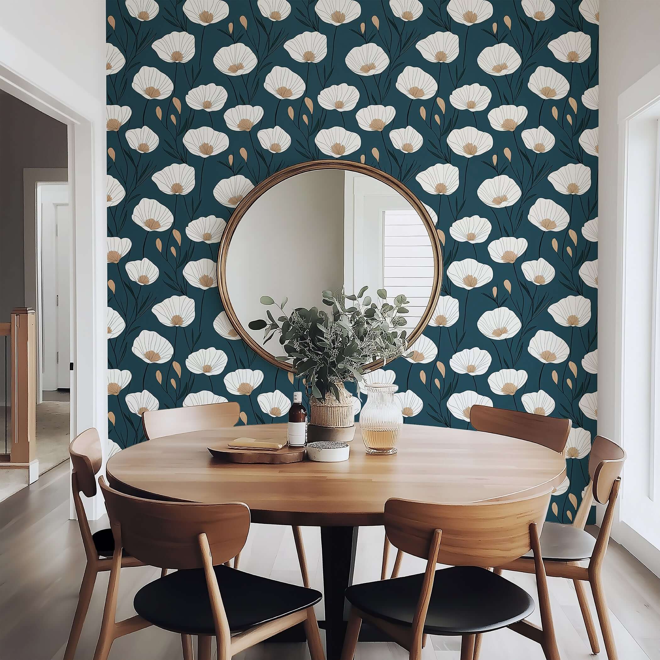 Modern navy wallpaper featuring white floral poppies with golden centers, adding elegance to a dining space.