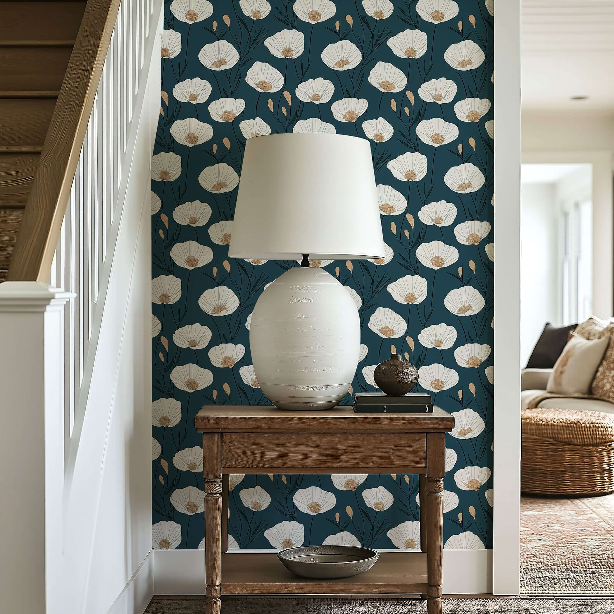 Modern navy floral wallpaper with white poppies and a table lamp, enhancing a sophisticated home decor style.