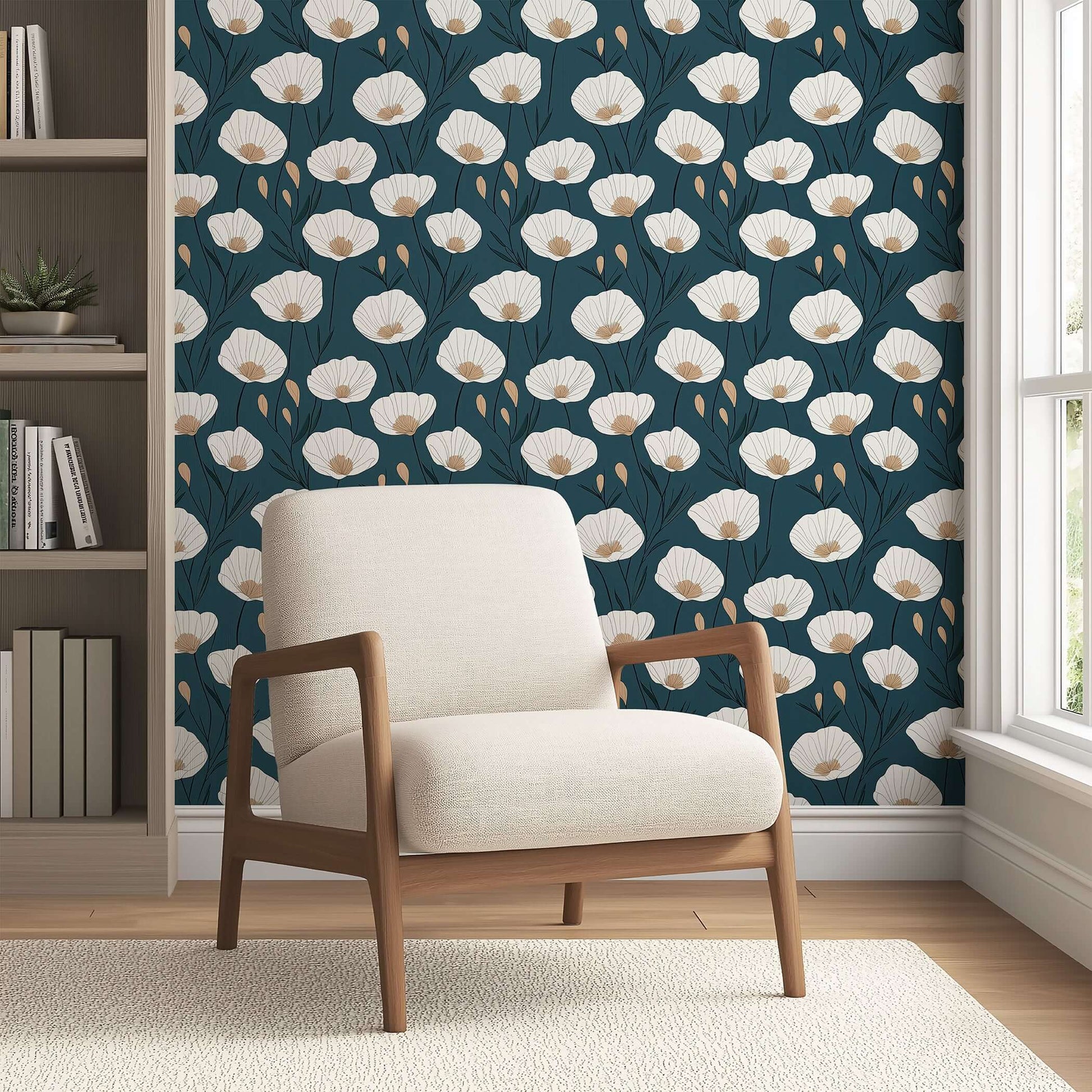 Modern Nocturnal Blossom floral wallpaper with white poppies and navy background in a cozy living room with beige armchair.